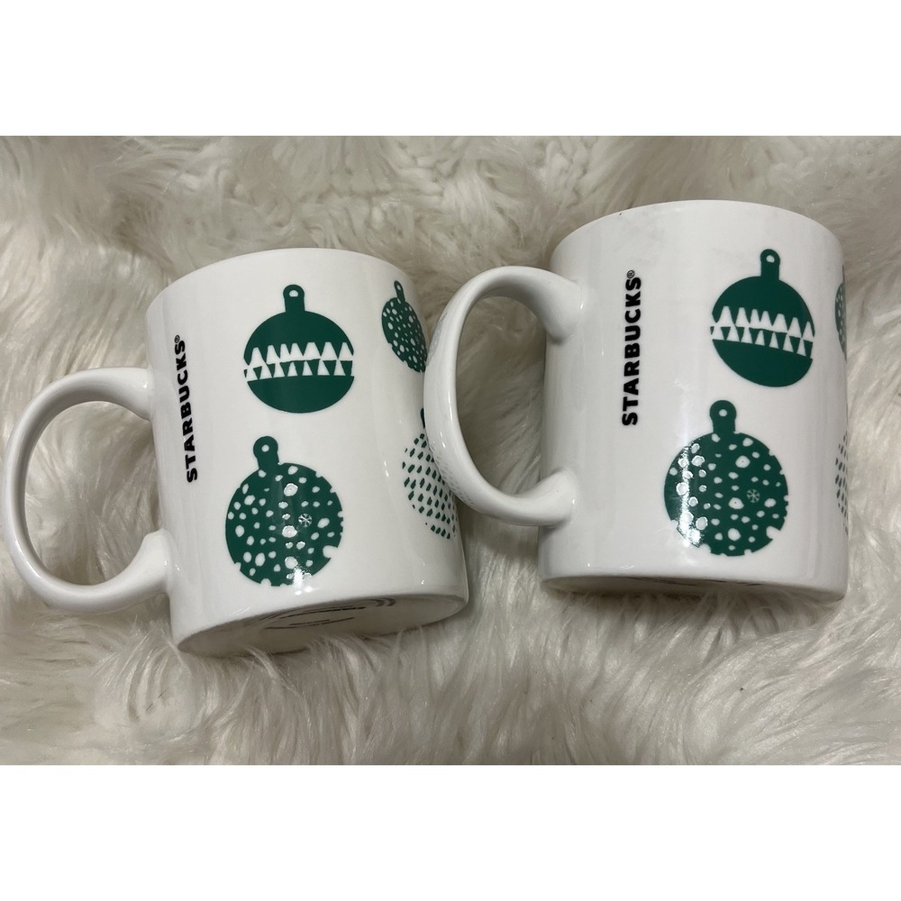 2016 Starbucks Christmas Holiday Mug Cup 12 fl oz Green Ornaments White Set Of 2